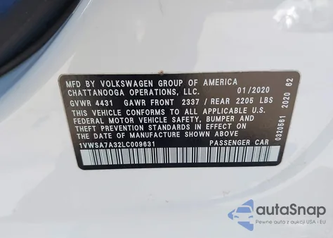 2020 Volkswagen Passat 2.0T Se из США, поврежденный, VIN 1VWSA7A32LC009631